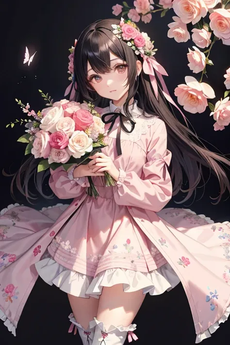 Her hair is flowers, intricate detailes, An ultra-fine illustrations, Beautifully painted, Whole body, Girls Front, curled false eyelashes, Clear eyes、Head tilt, neat figure, 1 girl, Young girls, Black Long Straight, Parted bangs, Beautiful and detailed ru...