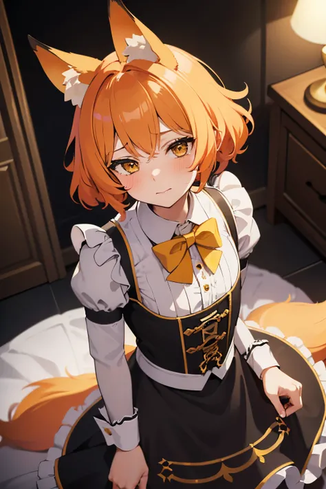 young feminine man in a fancy mansion, surreal lighting, (fox ears, short yellow-orange hair, crossdressing in a maid dress,) blushing, flustered, flat chest, ((view from above subject))