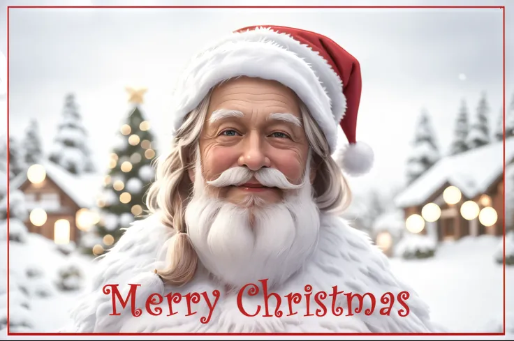 christmas card with santa claus close up, merry, christmas, holiday, christmas tree next to santa claus, in the background is a ...