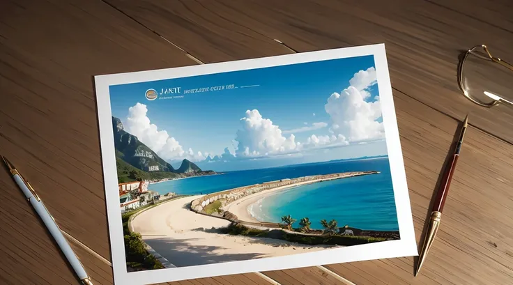 (postcard:1.3), (masterpiece, best quality), a photo of a postcard on a desk, island holiday postcard, vibrant, clean lines, natural lighting