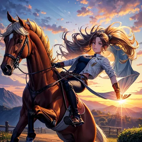 (Best Quality,hight resolution,masutepiece:1.2),Ultra-detailed,Realistic,Photorealistic:1.37,skilled,Equestrian athletes,Exhibited,unparalleled skills,Sun,Golden sun rays,Young athletes,Graceful,Elegant,Impeccable shape,muscular,Strong,and flexibility,Exqu...