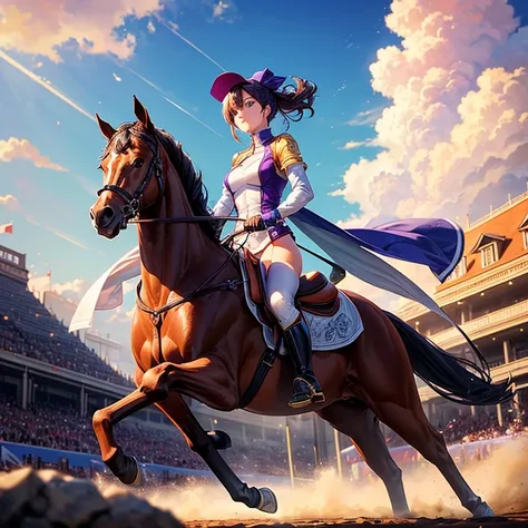 (Best Quality,hight resolution,masutepiece:1.2),Ultra-detailed,racecourse、1.37,skilled,Equestrian athletes,Exhibited,unparalleled skills,Sun,Golden sun rays,Young athletes,Graceful,Elegant,Impeccable shape,muscular,Strong,and flexibility,Exquisite,Gorgeous...