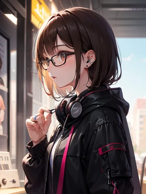 1人の女性、brown haired(Curta)、Brown eyes、Black-rimmed glasses、Ring piercing of the earlobe、headphones、Listen to the music