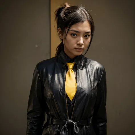 Japanese girl in black leather suit, pony tail hair, yellow tie, agent, masterpiece, best quality, black shirt