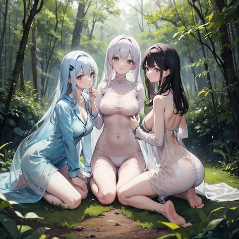 Three beauties，In the forest，Panic，small animal attack，All with bare legs，Forgot to wear shoes，Lateral face，Full transparent pajamas，vivaciousness，There are holes in the clothes，Kneeling pose，Show the back，Colossal tits