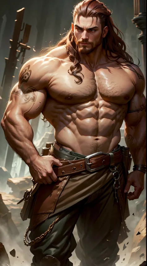 A muscular man wearing a sleeveless tunic loose pants, long maroon hair, side burns, concept art, full body portrait, high definition, fantasy, loose clothing, 16k resolution concept art portrait by Greg Rutkowski, dynamic lighting hyperdetailed intricatel...