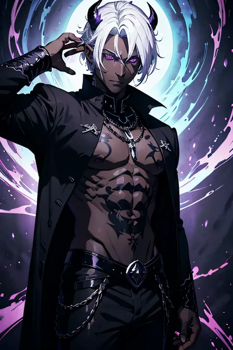 Stunningly detailed anime sketch of a solo ((muscular)) dark-skinned demon boy with white hair and purple eyes. He exudes maturity and has striking black horns. Dressed in dark fantasy clothes, including a black capelet, he resembles a dark prince of the u...