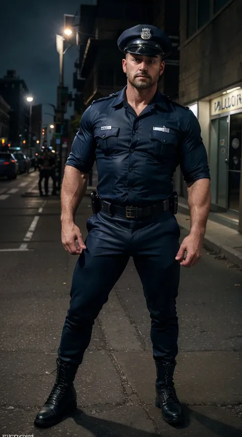 Best quality, masterpiece, ultra high res,detailed background,realistic, duo,2boys,muscular policeman, scruffy chiselled face, caucasian italian looking,sweaty,police uniform,street,muscular, hairy,very short buzz cut dark hair, big biceps and hairy muscul...