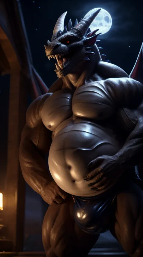 A dragon man with a full belly, muscular, vore, imprint on belly, big bulge, illustration, (best quality, 4k, highres, masterpiece:1.2), ultra-detailed, realistic, horror, sharp focus, vivid colors, nighttime lighting, burping up an object, motion lines.