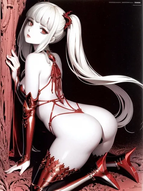 pale young divine gothic priestess, twintails, pure white skin, rust decay, Beautiful full body symmetrical portrait, Delicate blonde hairstyle, crimson eyes, dark red elegant gothic armor, encrusted with red gems, dark cathedral, masterpiece, Highest imag...