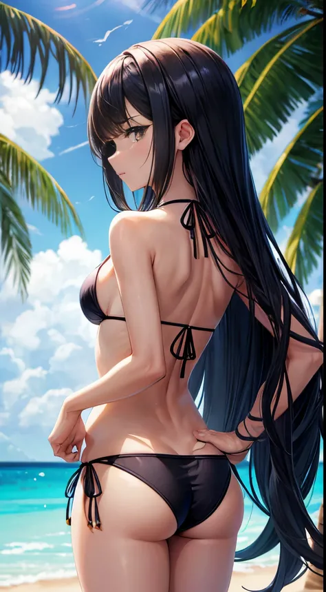 Anime style, best possible quality, praia, dia ensolarado (piece of master)  random beauty ethnic woman, random hair,  sentado na areia contra o sol, the shadow of a palm leaf is cast on your back to give the impression of your spine, adding to the scene a...