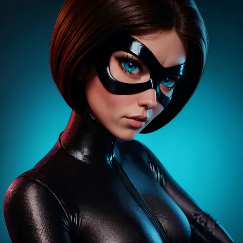 Helen Parr, Mind Control, Working for Evil, brown hair, Her eyes glow pink, A black mask covering the eyes, deadpan, BREAK bare shoulders, Black latex leotard, Clothes Cutout, domino mask, heart cutout, knee pad, Leotard, Mask, shoulder cut out, thick thig...