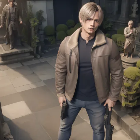 leon scott kennedy,perfect face, adult man, short bangs hair, wearing jacket hoody, little smile, standing, at the Garuda statue in Bali, full body, cinematic view