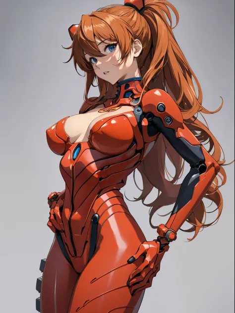 NSFW、(biomechanical oppai, , Seductive girl,)、Souryu Asuka Langley, (masutepiece, Best Quality, Detailed), 1girl in, Solo, 双臂在头后, Cowboy Shot, Interface headset, Red bodysuit, Simple background、Woman in seductive pose、