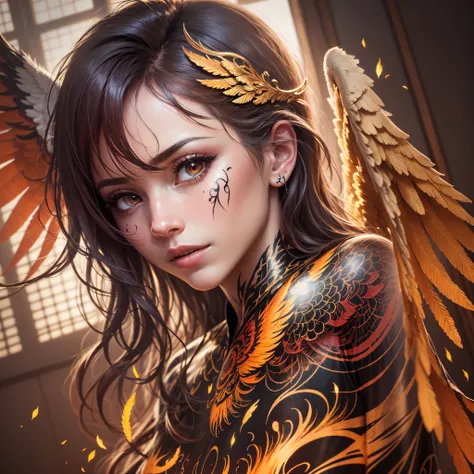 best quality, ultra-detailed, (realistic: 1.37), flaming angel tattoo, tattoo artist, beautiful detailed wings, fiery red and orange feathers, golden halo, ornate scrolls and patterns, black ink shading, body art, sharp focus, colors vivid, studio lighting...