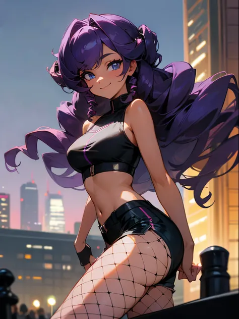 A beautiful woman, long curly dark purple hair, side bangs, drill curls, sharp blue eyes, light tanned skin, smiling, wearing black crop top, black shorts, fishnet stockings, at the city at night