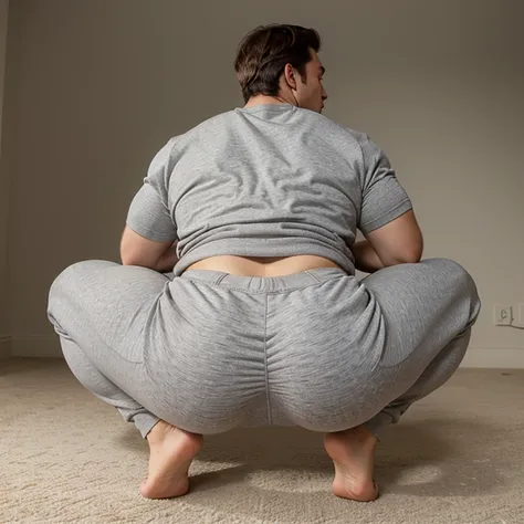 A jock squatting with a comically massive and gigantic butt in tight grey sweatpants showing off his round, wide, full, fat, juicy ass.