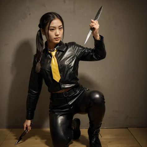 Japanese girl in black leather suit, pony tail hair, yellow tie, agent, masterpiece, best quality, black shirt, leather pants, straight hair, boots, long dagger knife