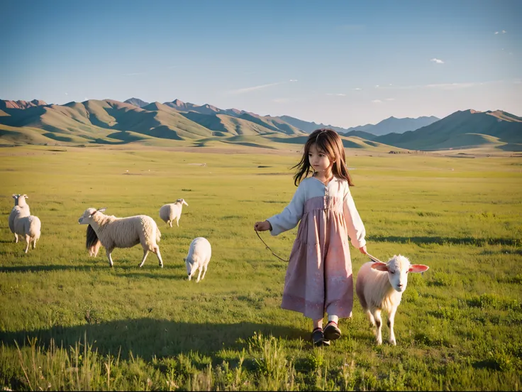 Little girl herding sheep in the steppe