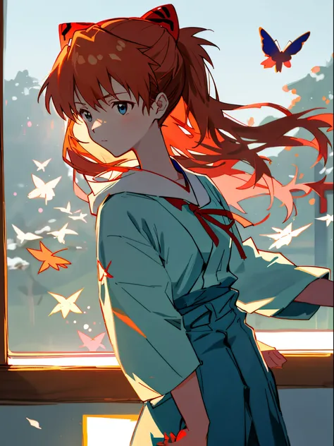 1 girl, Asuka,Japan school uniform, Evangelion, 8K, 爆乳、Best Quality, japanese cloth, Looking out the window, 更多的细节,Suitable for winter, cool style, Bright colors,Sunlight,Revealing kimono、