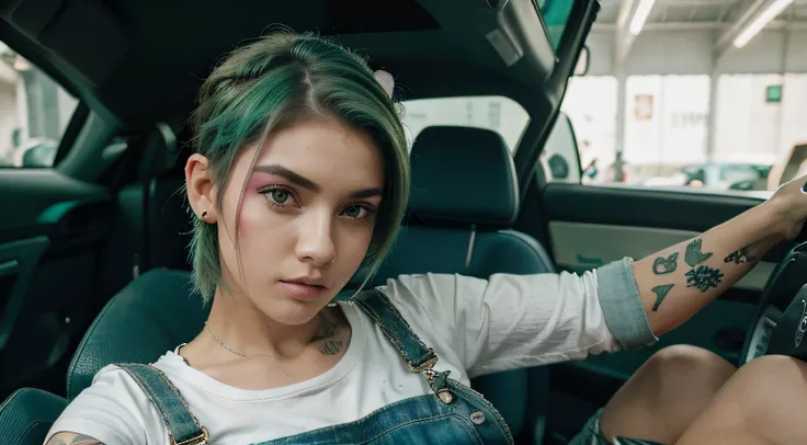 perfect girl looking at camera looking sexy, cabelo com corte undercut verde e rosa, Cyberpunk, wearing denim overalls and a torn white t-shirt, tattoo with roses and number 13, encostada em um carro porshe 70s cor preto