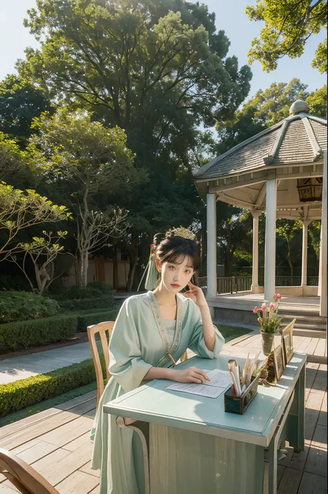 tmasterpiece, Best quality at best,ultra - detailed,super detailing, 电影灯optic,, 1个Giant Breast Girl, Alone, Sat down, En plein air, gazebo, Sit in the gazebo,  a plant, desks, Chandeliers, waxy candles, ventania, green-eyed, Pan-green silver hair, short de...