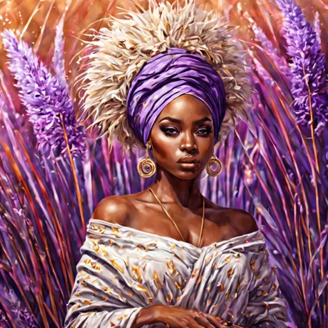 Beautiful girl, turban, lavender, pampas grass, abstract, floral botanical, fantasy, african style, beautiful, realistic, white, lilac, golden fibers, drops, balls, swirls, sparks, high octane, brightly, Large, photoshooting