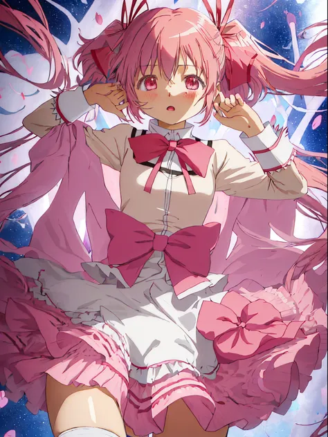 Best Quality, masutepiece, hight resolution, Solo, {Kaname_madoka_Puera Magimado Magica:1.15}, Pink_hair, Short_hair, Twin-tailed, Short_Twin-tailed, Pink_Eyes, bow ribbon, hair_bow ribbon, Bow, blush, 1girl in, Mitakihara_School_uniform, School_uniform