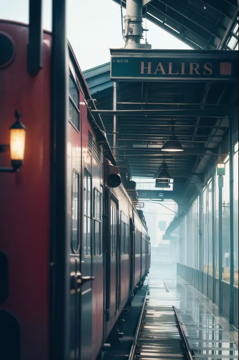 girl，Alone，Long hair，Superskirt，Steam trains，Train station. The rusty station building creates a nostalgic atmosphere.(Color pattern:rose mist, deep sea green )(Clothes are: grunge fashion)
(ink and paper, Bleeds easily)(Contemporary art is like a picture ...