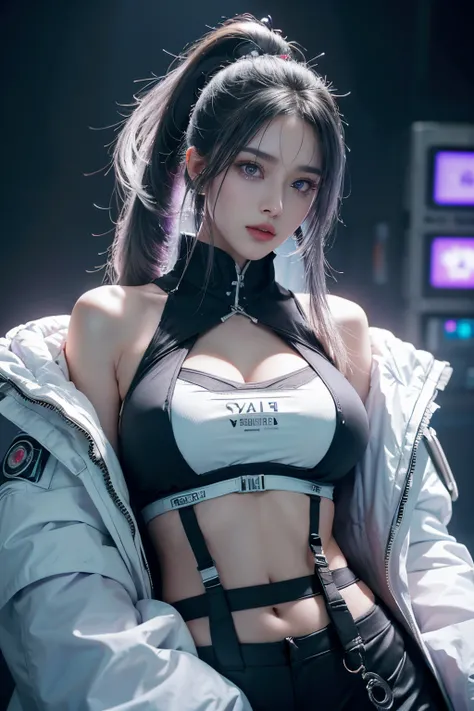 tmasterpiece,Best quality,A high resolution,8K,(Portrait),Head close-up,Original photo,digital photography,(Female scientists in sci-fi style),20岁女孩,long ponytail hairstyle,By bangs,(Purple Eyes),(White hair),A plump chest,cleavage,Elegant and noble,Seriou...