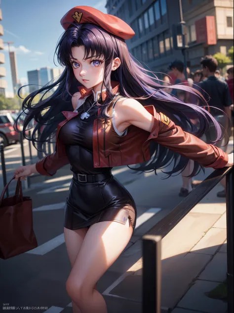 nsfw、misato katsuragi, misato katsuragi, long hair, (brown eyes:1.5), blue hair, purple hair, breaks have, dress, bare shoulders...