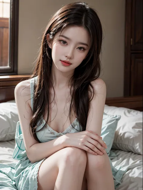 APS, fashi-girl,red lips,mature female,makeup, liuyifei, ((cowboy shot)), (best quality, masterpiece:1.2), ultra-detailed, (realistic:1.37), beautiful, youthful, glamorous model with (detailed eyes, detailed lips, extremely detailed eyes), Lie in bed, in a...