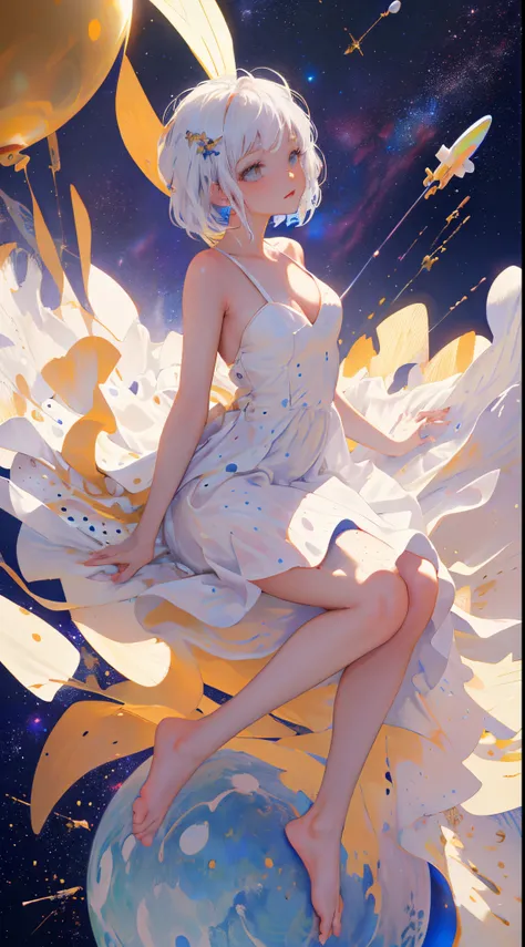 (tmasterpiece, Best quality:1.2), (ultra - detailed),(illuminations), Wallpapers, Original,
1 busty girl, Messy White Hair, thin shoulder strap, White dress, Bareleged, Barefoot, Naked arms, the space, Earth background, Low Earth orbit, Full body lesbian,
...