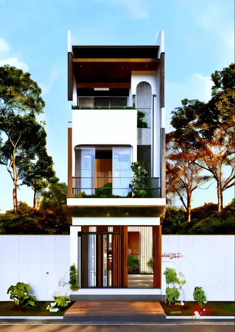 townhouse modern, glass window, white wall, iron gate & railing, wooden ceiling, asphalt, walking sidewalk, trees