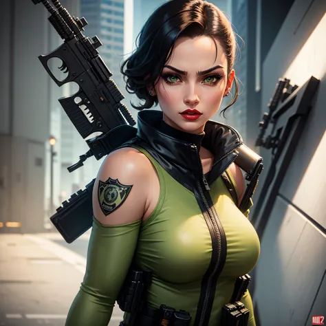 ILLUSTRATION of a  female (Jesica Alba :1.1) red lips,  green eyes,  swat cops GTA character glamorous style, best quality, holistic, high detail,  By Ray Shark