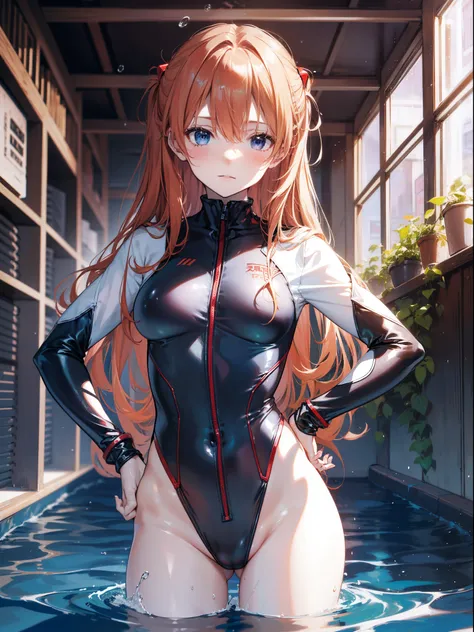 NSFW、Slender Beautiful Girl、soio、evangerion、Shikinami Asuka Langley、{red plugsuit}、School swim wear、top-quality、finely detail、Does not blush cheeks、Undersized breasts、Small eyes、blue-sky、splash water、Pose with hands on hips