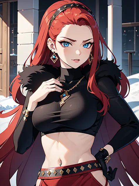 A girl with red hair wearing a luxurious fur coat and exquisite jewelry stands before you. Her lips are adorned with a piercing, adding edginess to her smirking expression. Her brows are also pierced, giving her a fierce and rebellious look. She is dressed...