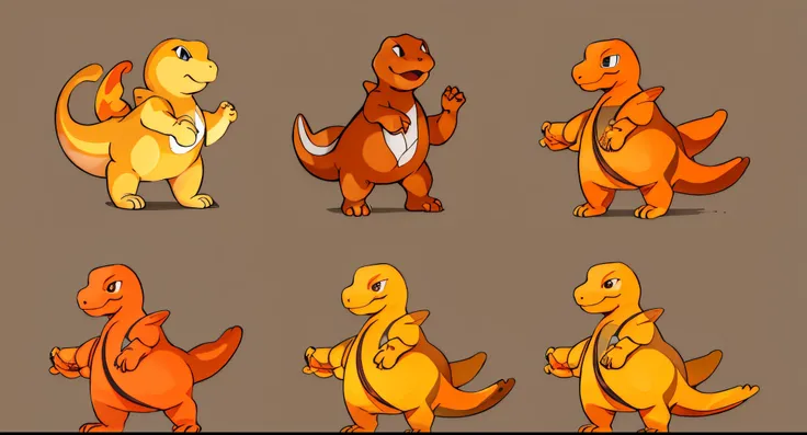 The three views include front view, side view and rear view, Charmander, small design style, game corner color configuration, metal Charmander, high-quality character design, character changes, cute style, animal color design