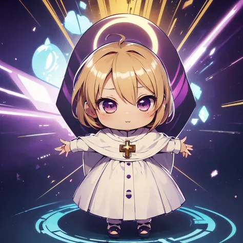 super high quality, (chibi character, deformed, full body, big head:1.5), 3D, cute deformed character with bulging cheeks, blonde light brown bob cut, priest woman, priest costume, purple big eyes with golden cross lights, background fantasy