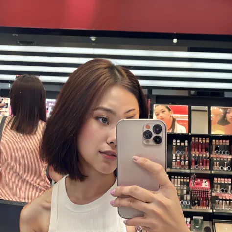 woman taking a selfie in a beauty store with a cell phone, iphone selfie, selfie of a young woman, kiko mizuhara, 🤬 🤮 💕 🎀, 8k selfie photograph, 💋 💄 👠 👗, 🔞🤡, mirror selfie, 2 4 year old female model, instagram model, 21 years old, maybelline, with short ha...