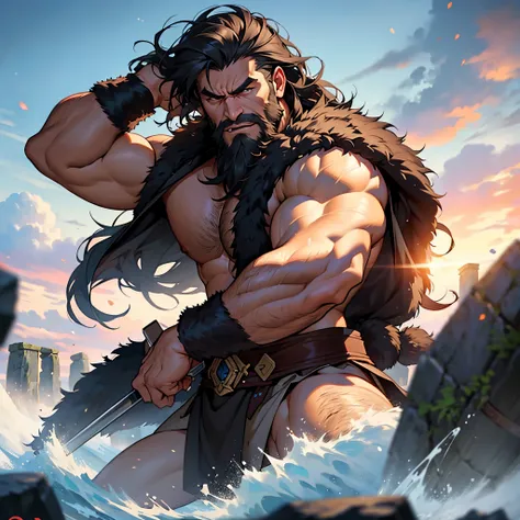 ​masterpiece, Best Quality, detailed, Cinematics, 4k, Background with: In front of Highland Stonehenge, barbarian warrior wearing bear skin(have a lot of beard and hair.), angry