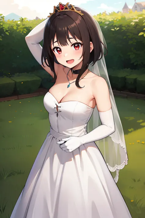 masterpiece, best quality, highres, aarurutie,1girl, standing, aaichika, tiara, bridal veil, necklace, cleavage, wedding dress, strapless dress, white dress, white gloves, elbow gloves, garden, smile,red blush, , open mouth,braid,,gloves,, best quality, ma...