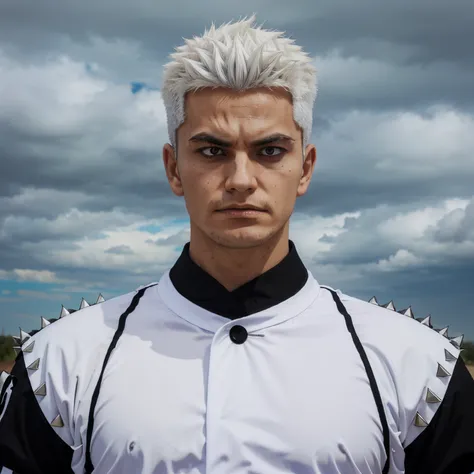 Draw a boy with spiky white hair, wearing a black demon slayer uniform with unique cloud patterns.