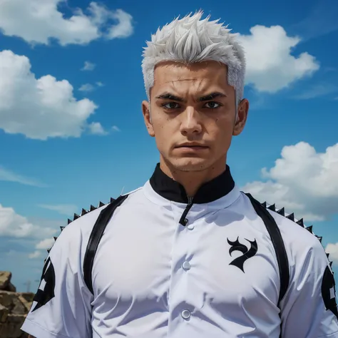 Draw a boy with spiky white hair, wearing a black demon slayer uniform with unique cloud patterns.