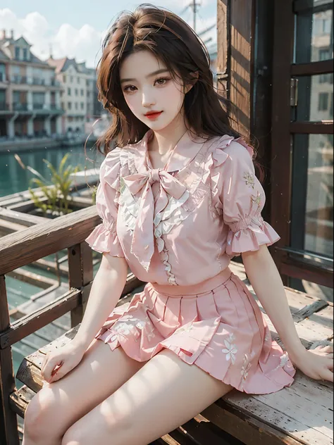 pleated skirt,pink skirt,pink sailor collar, fashi-girl,red lips,mature female,makeup, liuyifei, ((cowboy shot)), (best quality, masterpiece:1.2), ultra-detailed, (realistic:1.37), beautiful, youthful, glamorous model with (detailed eyes, detailed lips, ex...