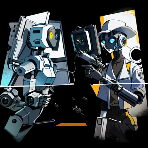 There are two robots standing side by side, mechanized artistic concept, 2d game fanart, glados, Borderlands art style, Glados from Portal 2, fps game concept art, hq artwork, scout police robot, mecha art, video game fanart, digital cyberpunk anime!!, dig...