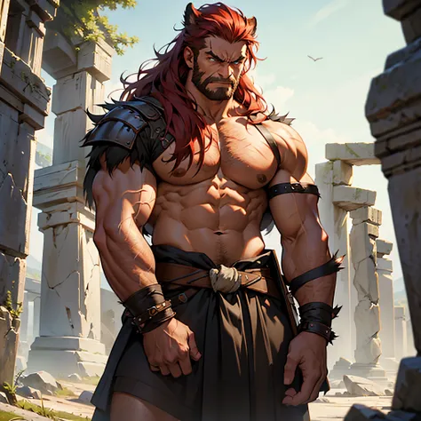 ​masterpiece, Best Quality, detailed, Cinematics, 4k, Background with: In front of Highland Stonehenge, barbarian warrior wearing bear skin(redhead wolverine.), There are many scars on the face, angry