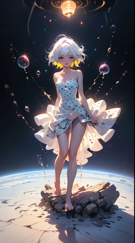 (tmasterpiece, Best quality:1.2), (ultra - detailed),(lamplight), Wallpapers, Original,
1 girl, Messy White Hair, thin shoulder strap, White dress, Bareleged, Barefoot, Naked arms, the space, Earth background, Low Earth orbit, 
,(Surrounded by colorful spo...