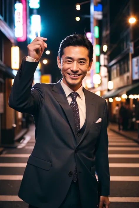 A Japanese man in his 40s dancing with a smile holding a luminous penlight,Upper body portrait,suits