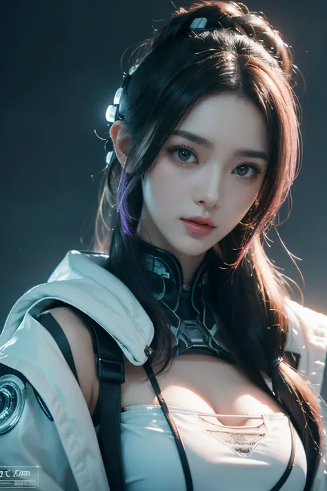 tmasterpiece,Best quality,A high resolution,8K,(Portrait),((Head close-up)),real photograph,digital photography,(Female scientists in sci-fi style),20岁女孩,Random hairstyles,By bangs,(Random Color Eyes),(Random-colored hair),A plump chest,cleavage,Elegant an...